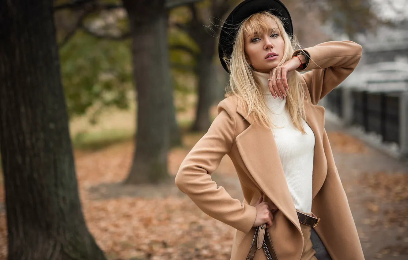 Photo wallpaper look, leaves, girl, pose, hat, hands, figure, shoulders