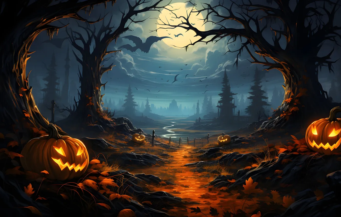 Photo wallpaper road, trees, night, clouds, the moon, Halloween, pumpkin, bats