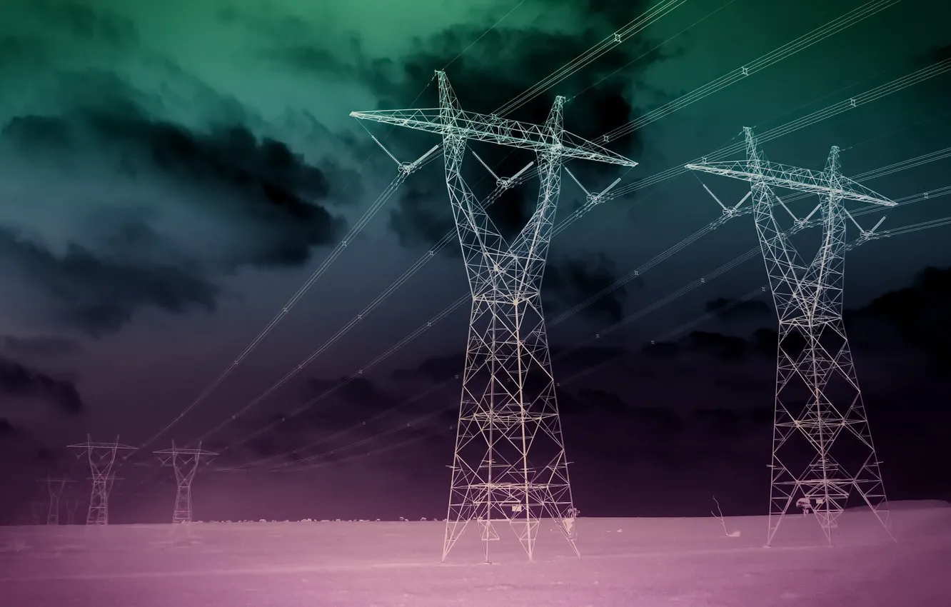 Photo wallpaper field, night, color, power lines