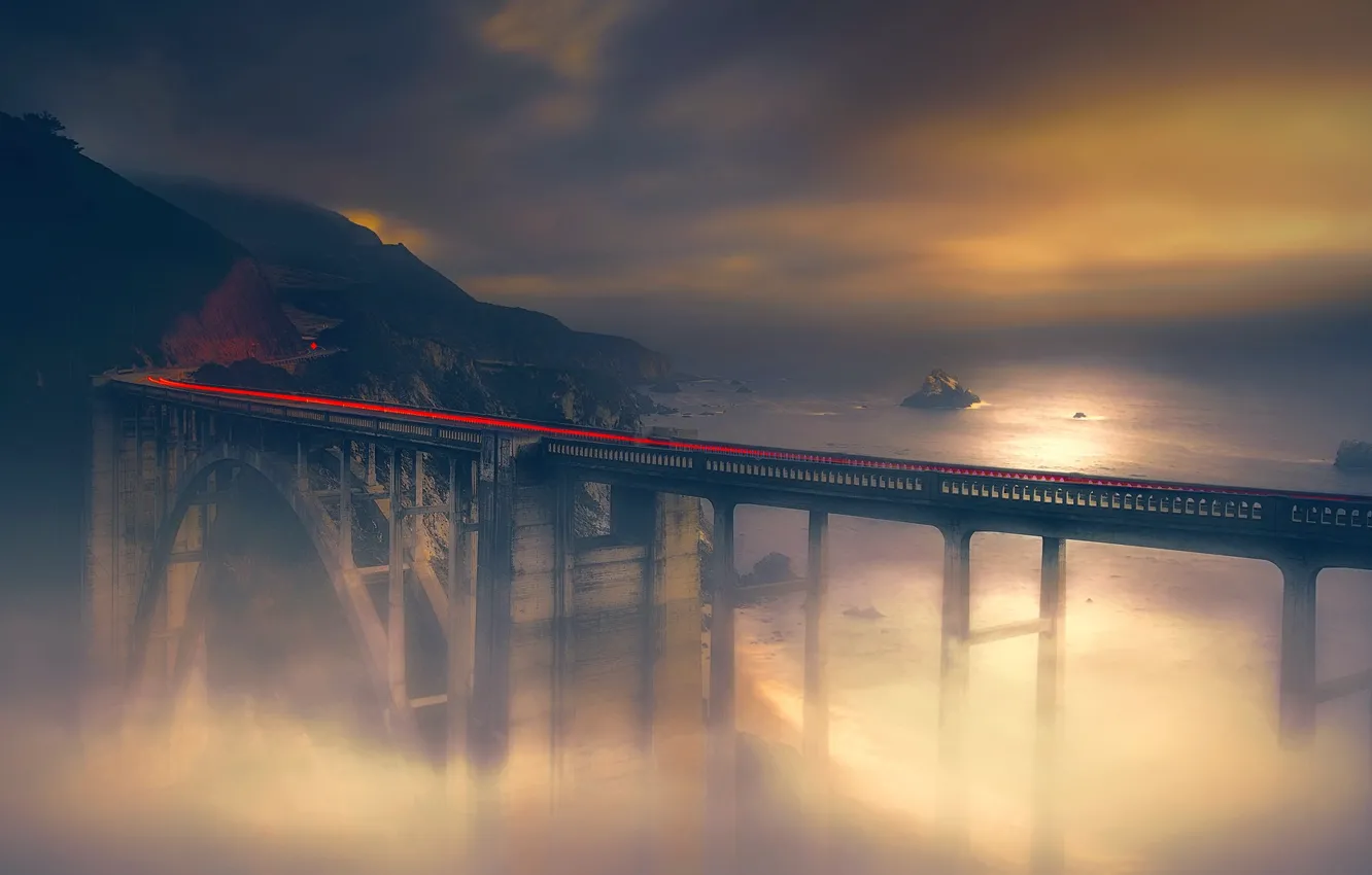 Photo wallpaper night, bridge, fog, railroad