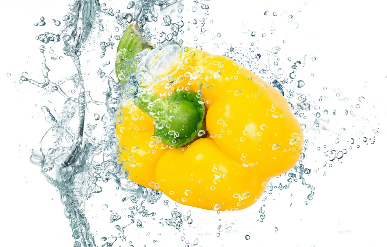 Photo wallpaper water, drops, squirt, freshness, yellow, pepper, yellow, water