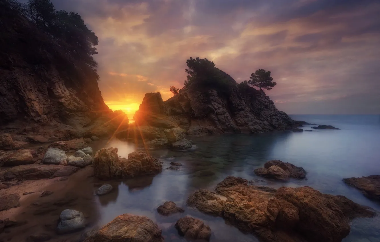Photo wallpaper landscape, sunset, nature, rocks, shore