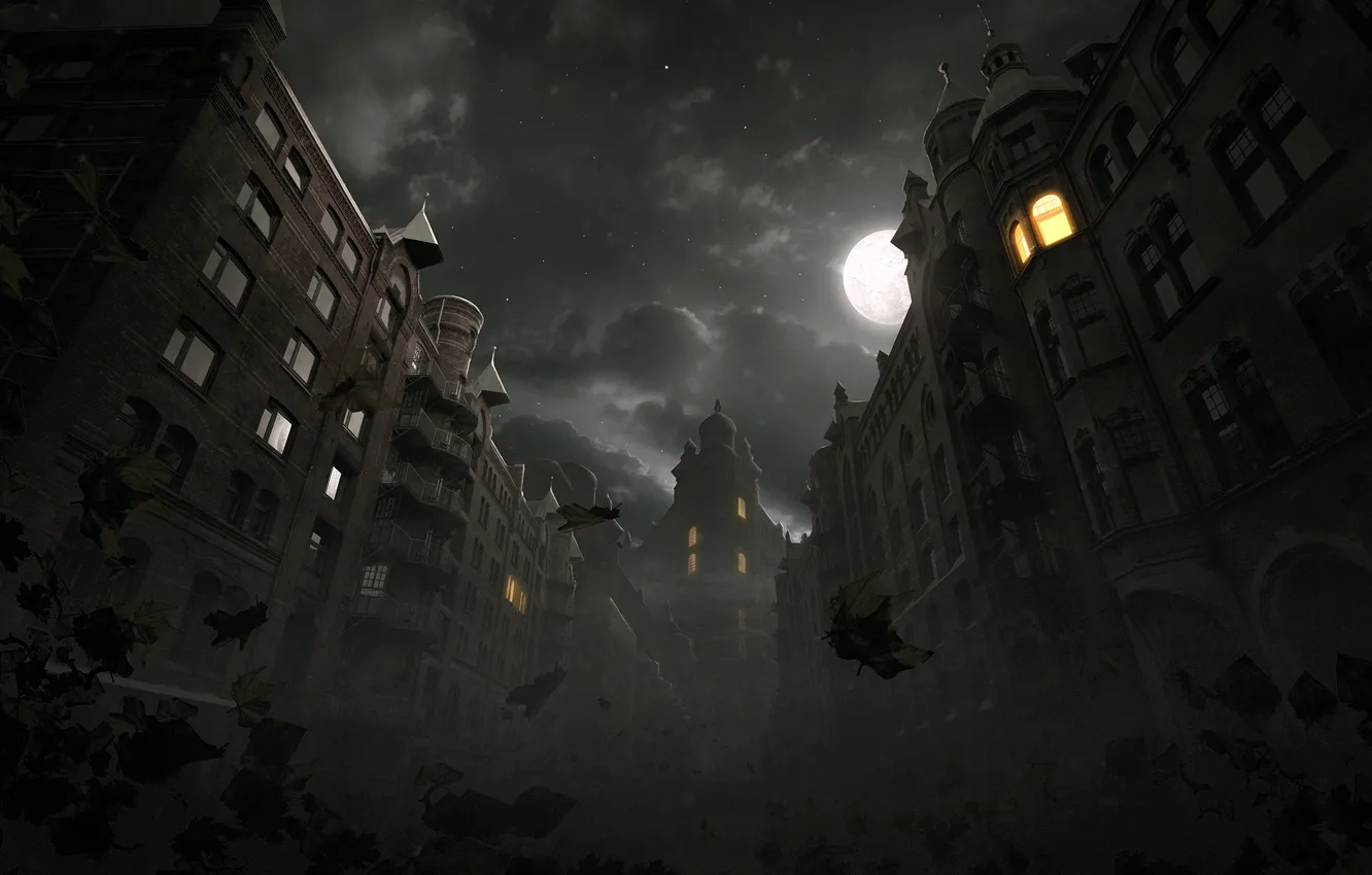 Photo wallpaper leaves, the full moon, the light in the Windows