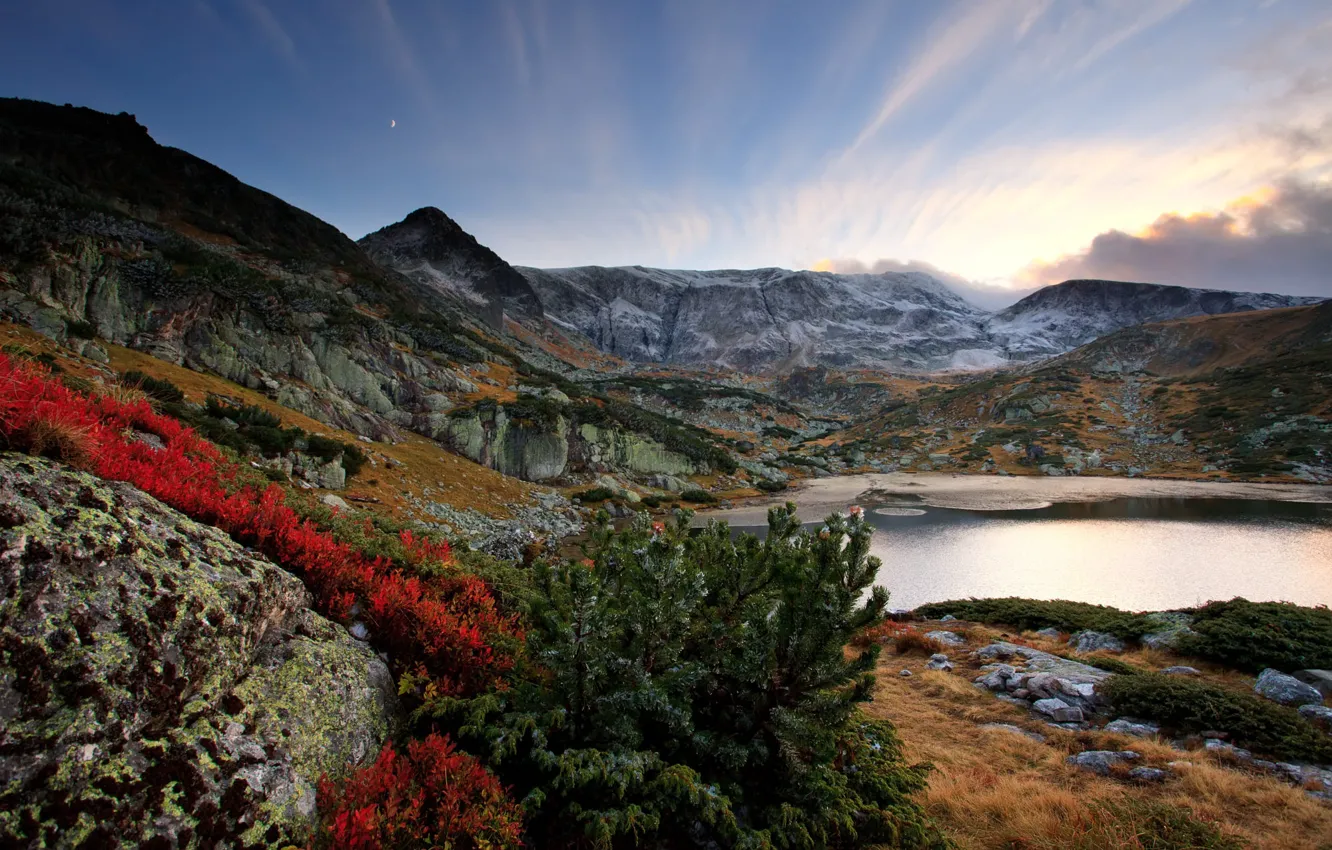 Photo wallpaper autumn, landscape, mountains, nature, lake, vegetation, spruce, Bulgaria