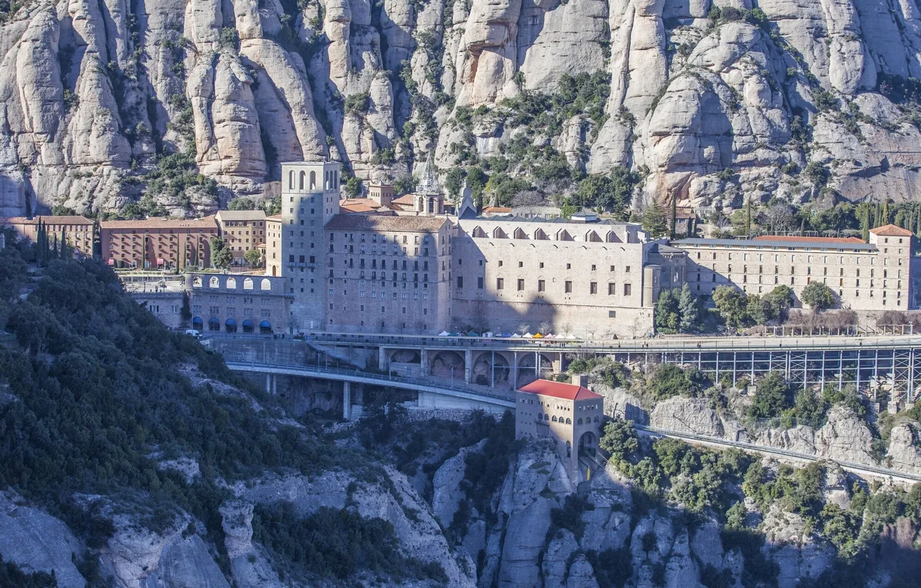 Photo wallpaper mountains, rocks, Spain, Spain, Catalonia, Catalonia, Montserrat Monastery, Santa Maria de Montserrat