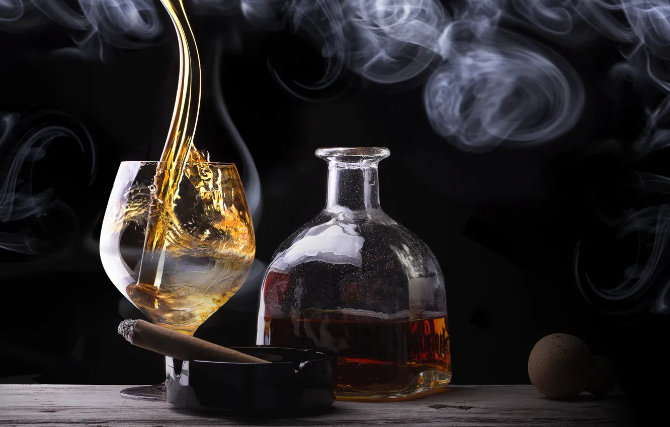 Photo wallpaper glass, smoke, bottle, cigar, whiskey, cigar smoke, a glass of whiskey bottle
