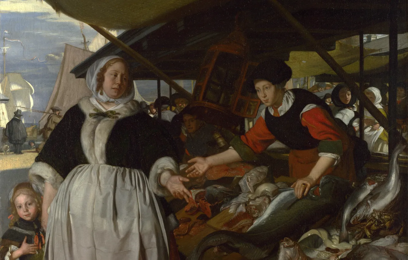 Photo wallpaper fish, Bazaar, Emanuel de Witte, Dutch painting., Adriana van Heusden, and Daughter, The Fishmarket, ca.1662