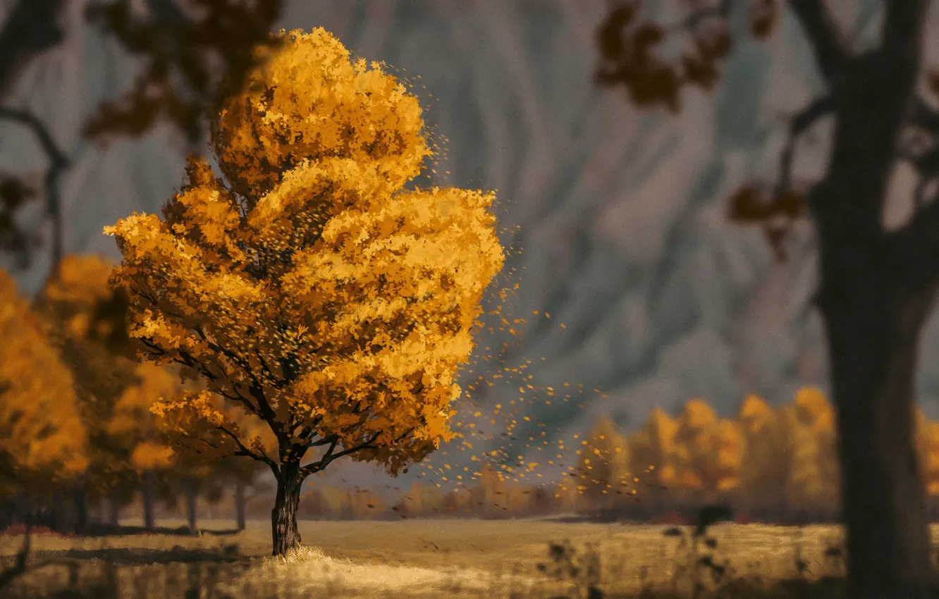 Photo wallpaper yellow, leaves, tree