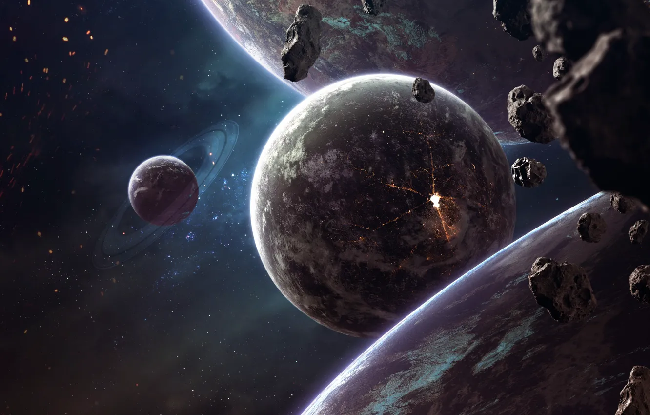 Photo wallpaper space, stars, nebula, fiction, planet, satellite, asteroids, ring