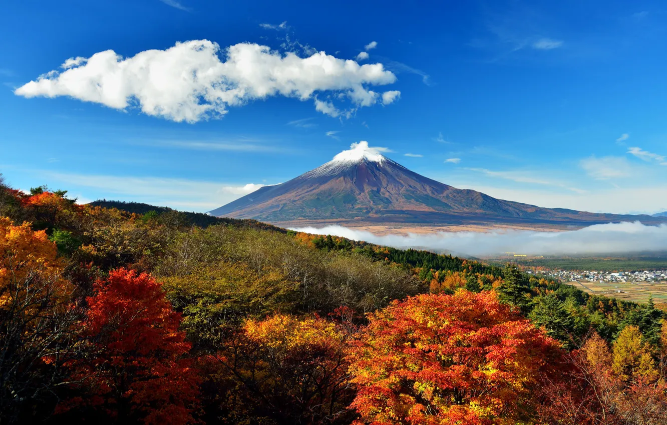 Photo wallpaper autumn, the sky, clouds, trees, hills, Japan, valley, mount Fuji