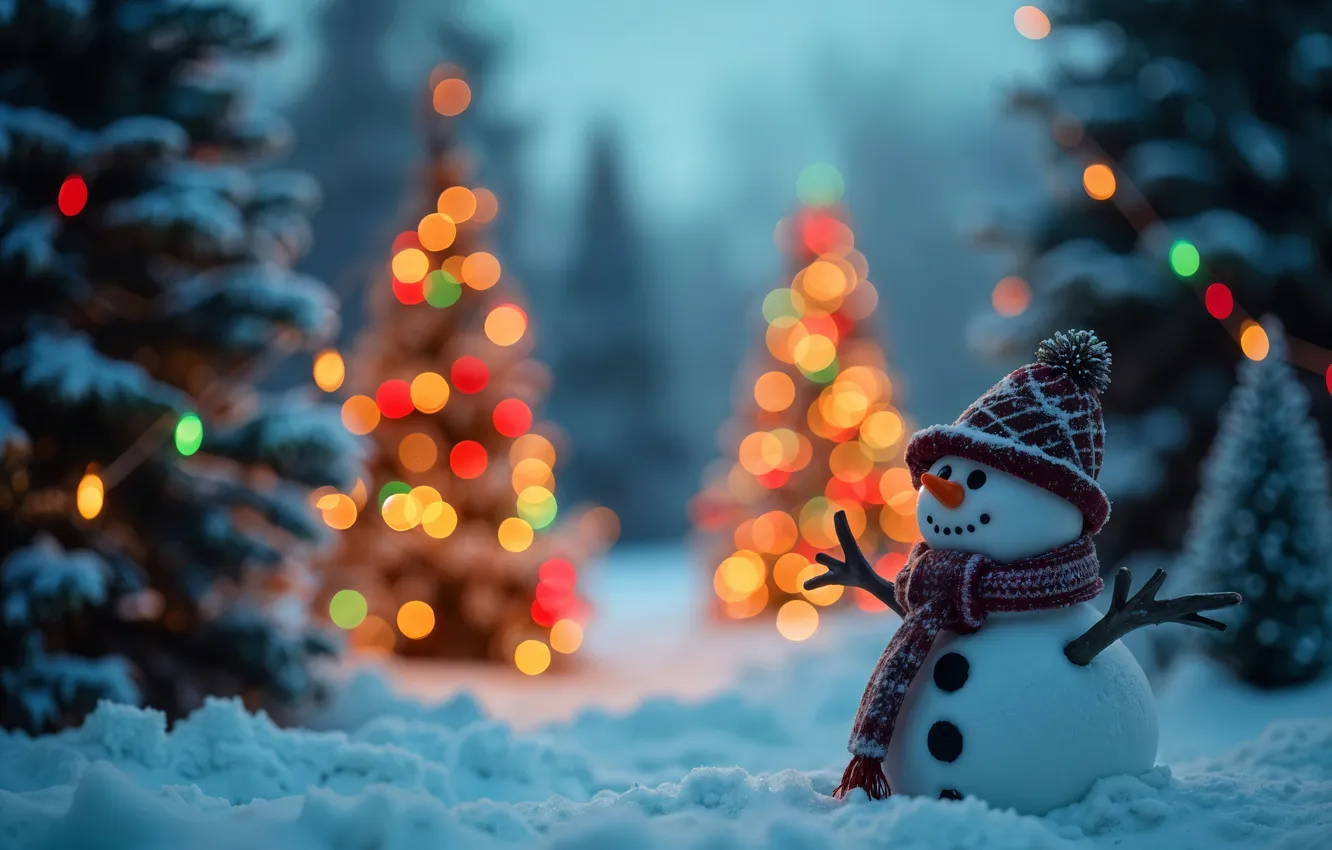 Photo wallpaper winter, snow, new year, Christmas, snowman, Christmas, winter, snow