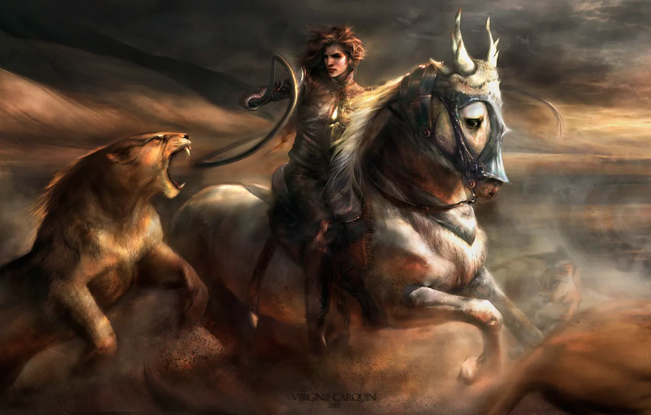 Photo wallpaper cat, girl, movement, horse, dust, Leo, art, battle
