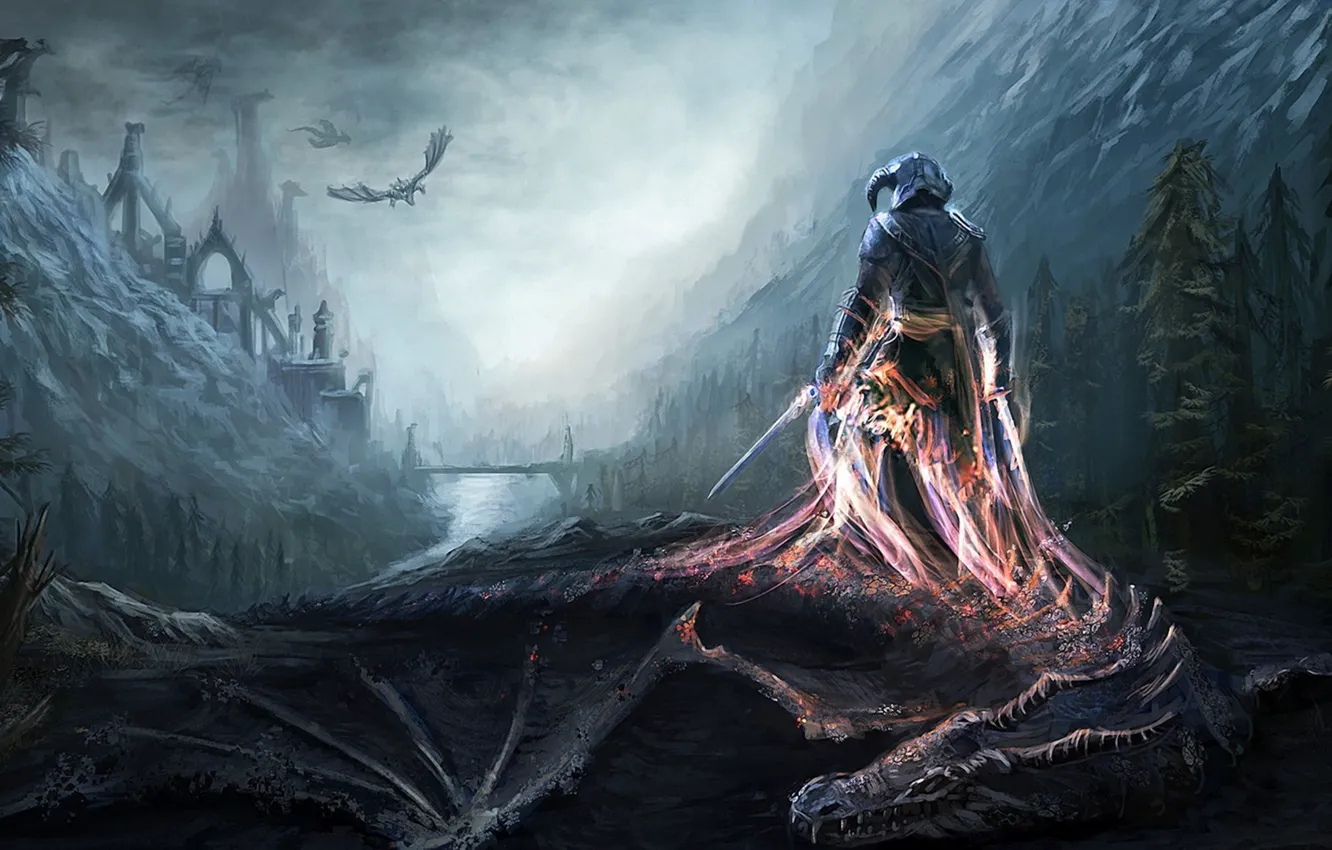 Photo wallpaper mountains, bridge, river, dragon, warrior, art, shower, Skyrim