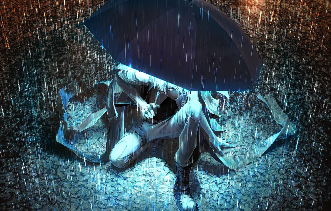 Photo wallpaper light, night, umbrella, rain, umbrella, art, puddles, guy