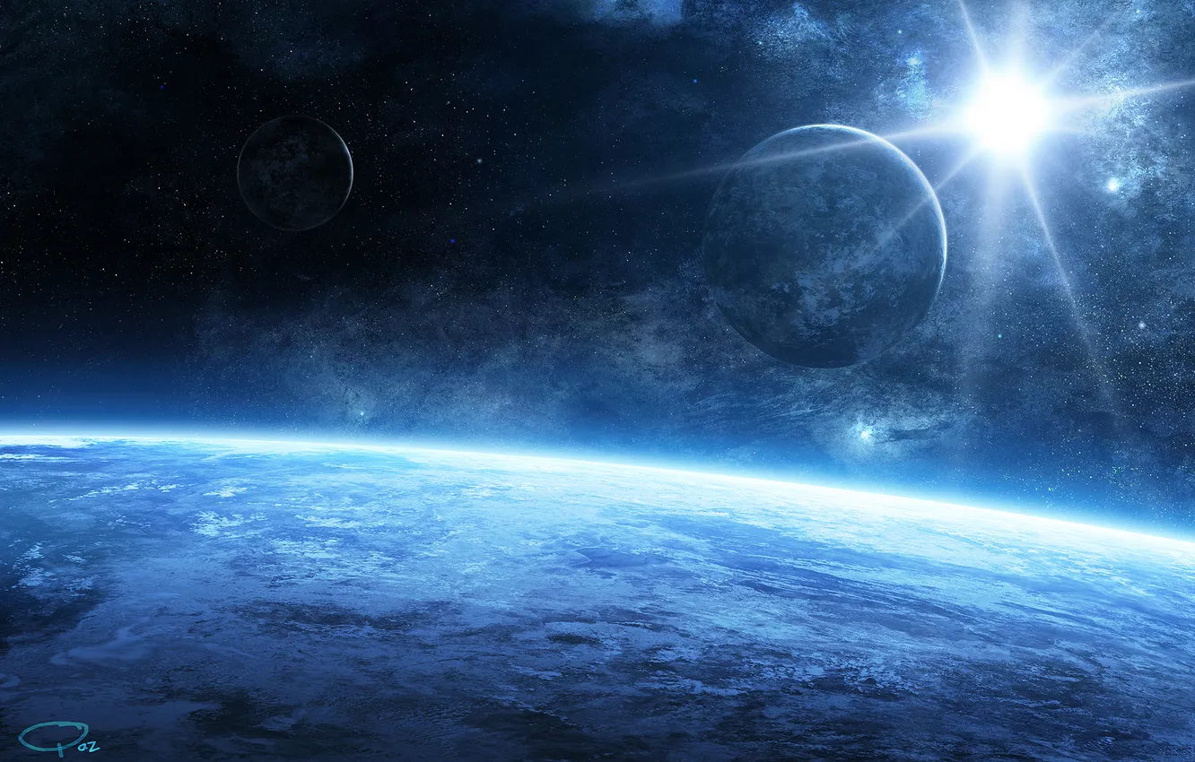 Photo wallpaper space, stars, planet, satellite, art, QAuZ