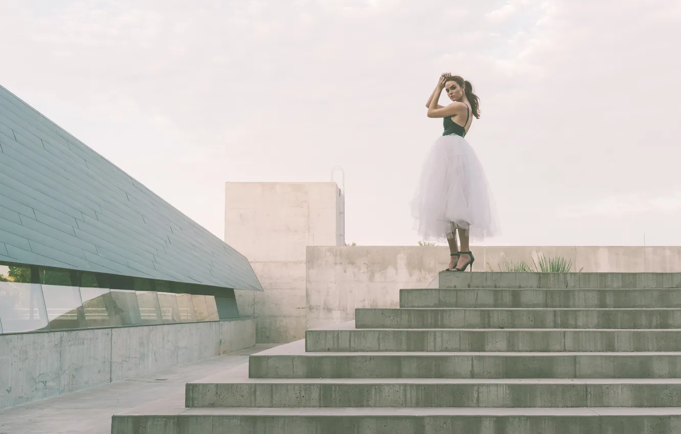 Photo wallpaper girl, skirt, stage, sandals