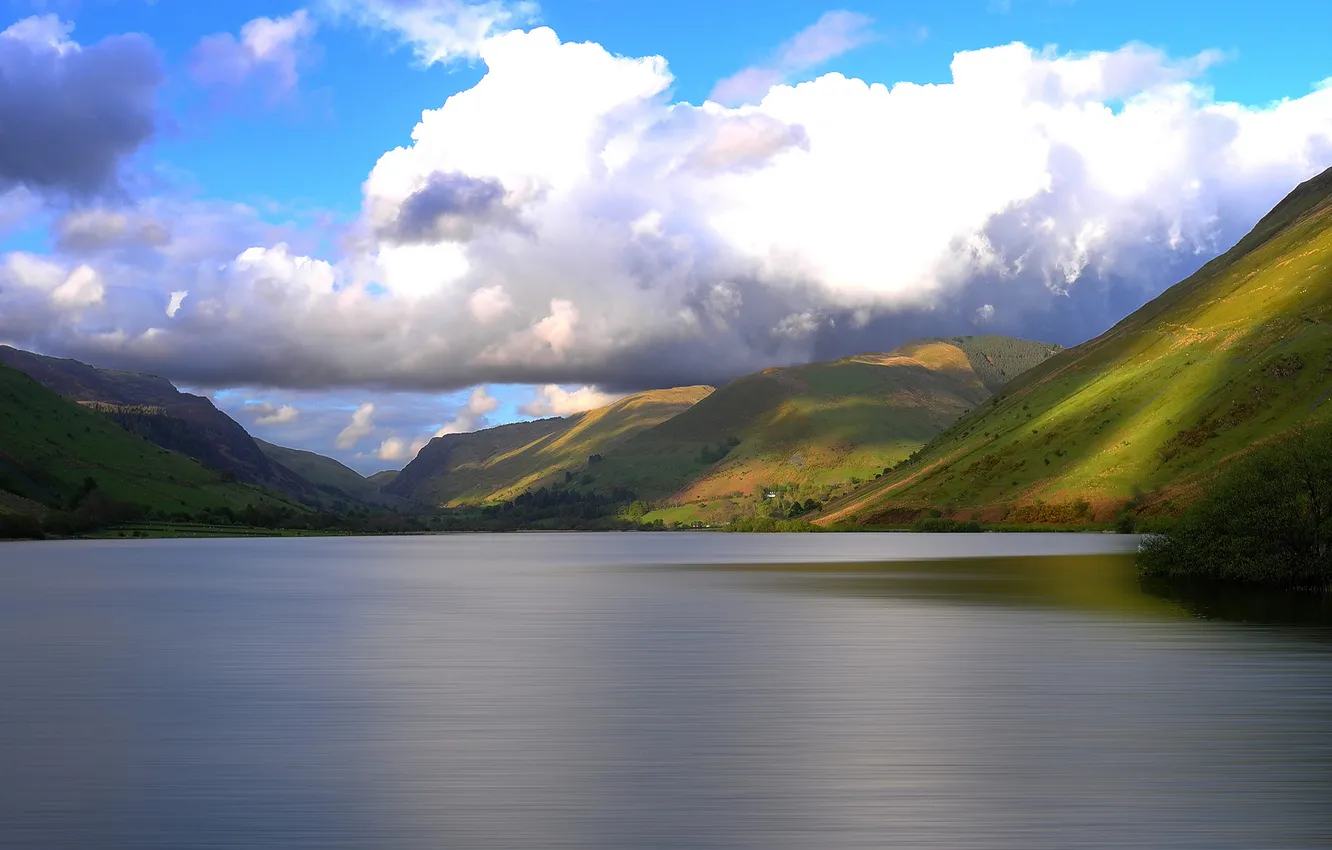 Photo wallpaper clouds, mountains, lake