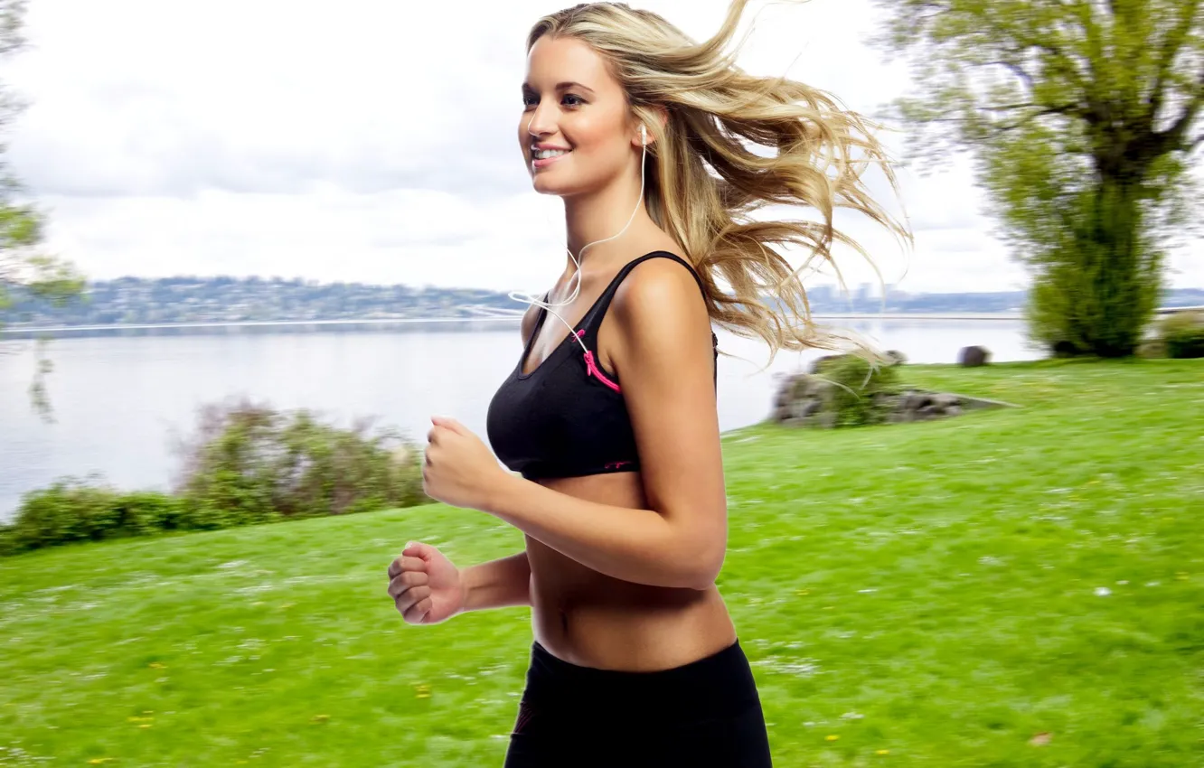 Photo wallpaper girl, smile, shore, headphones, figure, running, runs, headphones