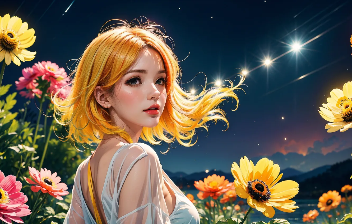 Photo wallpaper flowers, model, women, blonde, AI Art