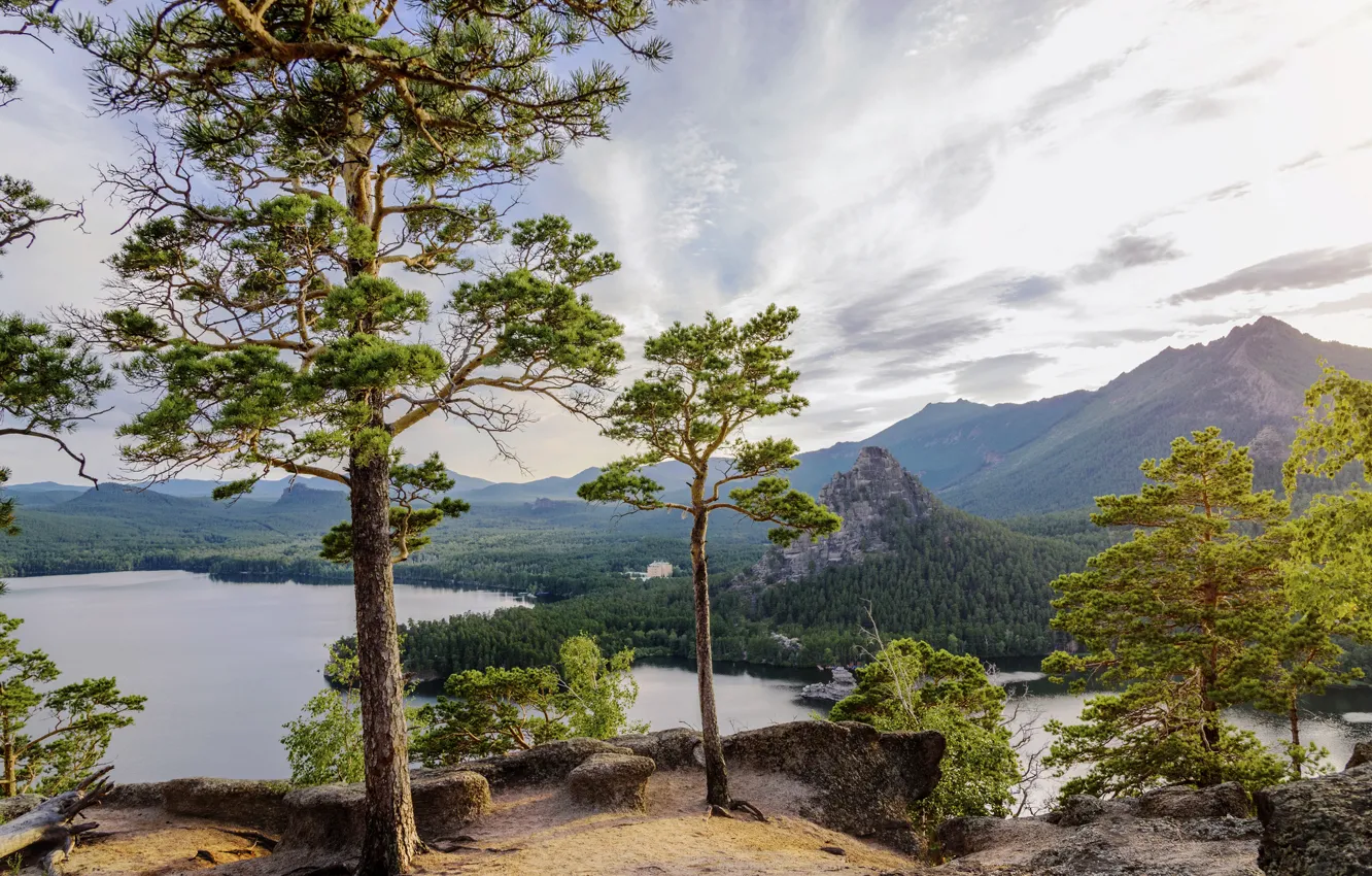 Photo wallpaper trees, mountains, lake, Kazakhstan, pine, Borovoe lake, The Kokshetau height