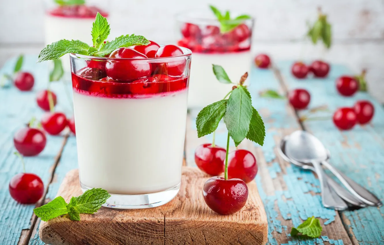 Photo wallpaper cherry, dessert, Panna cotta