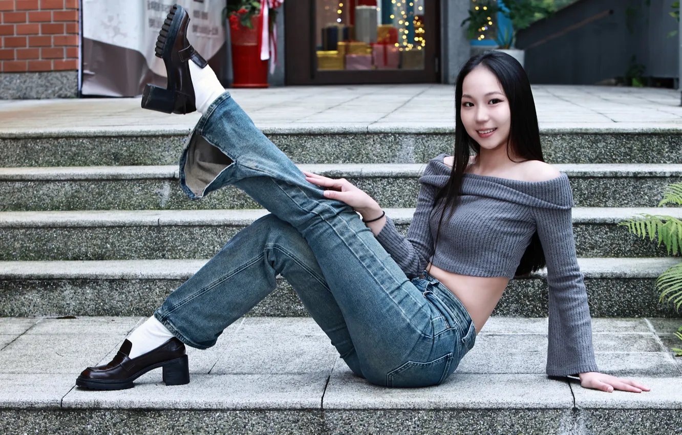 Photo wallpaper girl, jeans, brunette, blouse, Asian
