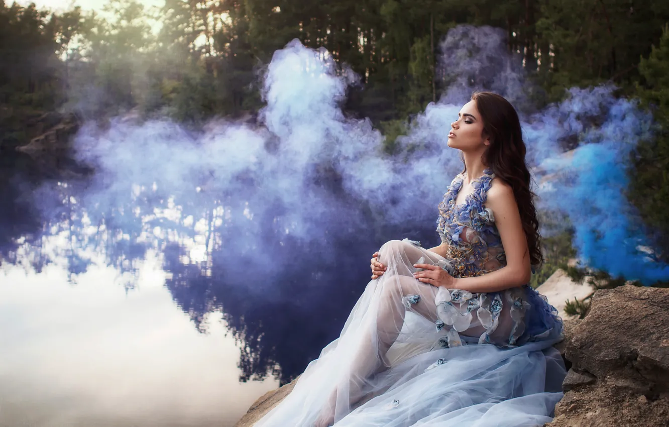 Photo wallpaper girl, lake, smoke