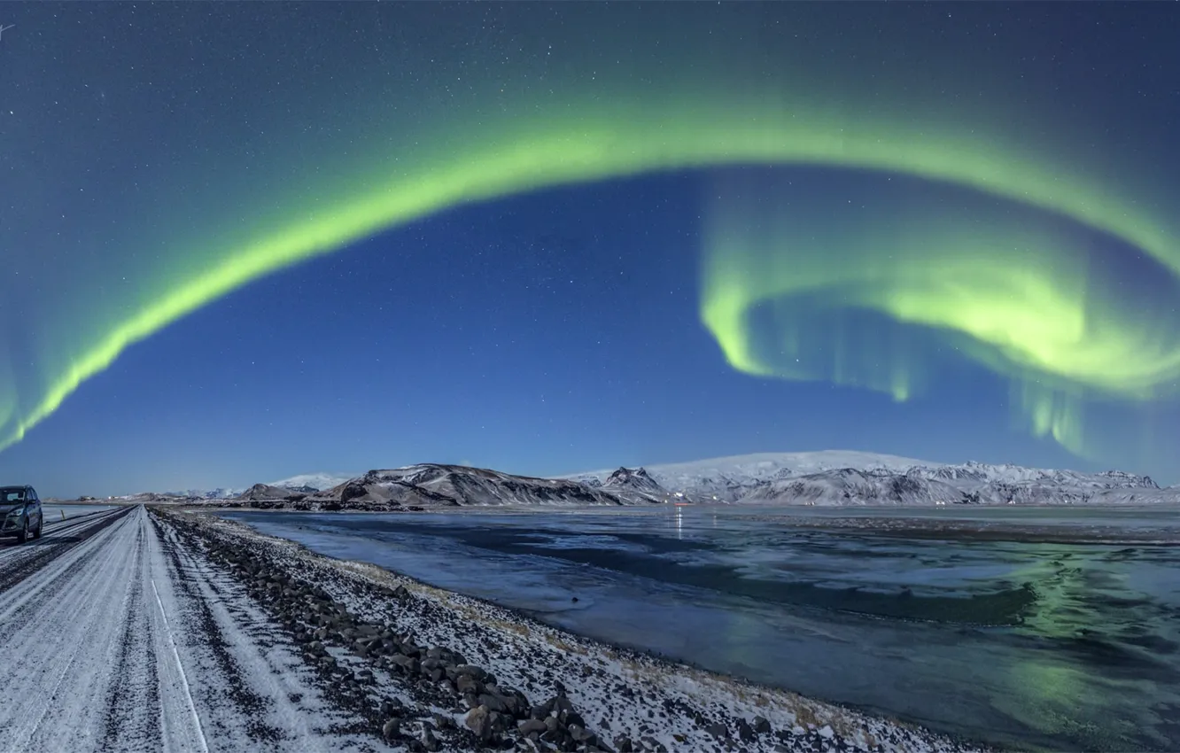 Photo wallpaper winter, Northern lights, Iceland, Iceland, Ford Kuga, photographer Sergey Merphy, Cape Dyrholaey