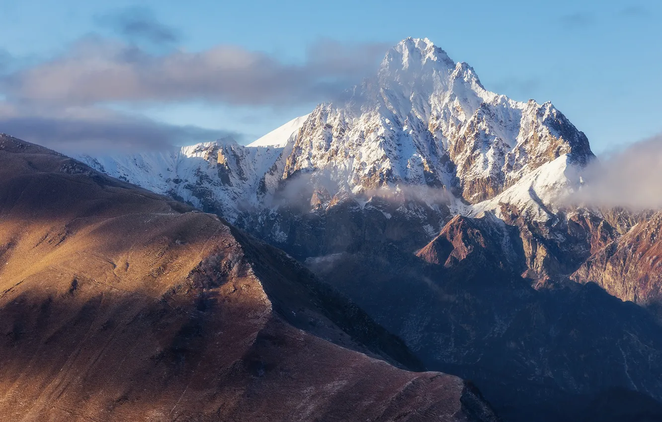 Photo wallpaper clouds, height, mountain, top, peak, Everest