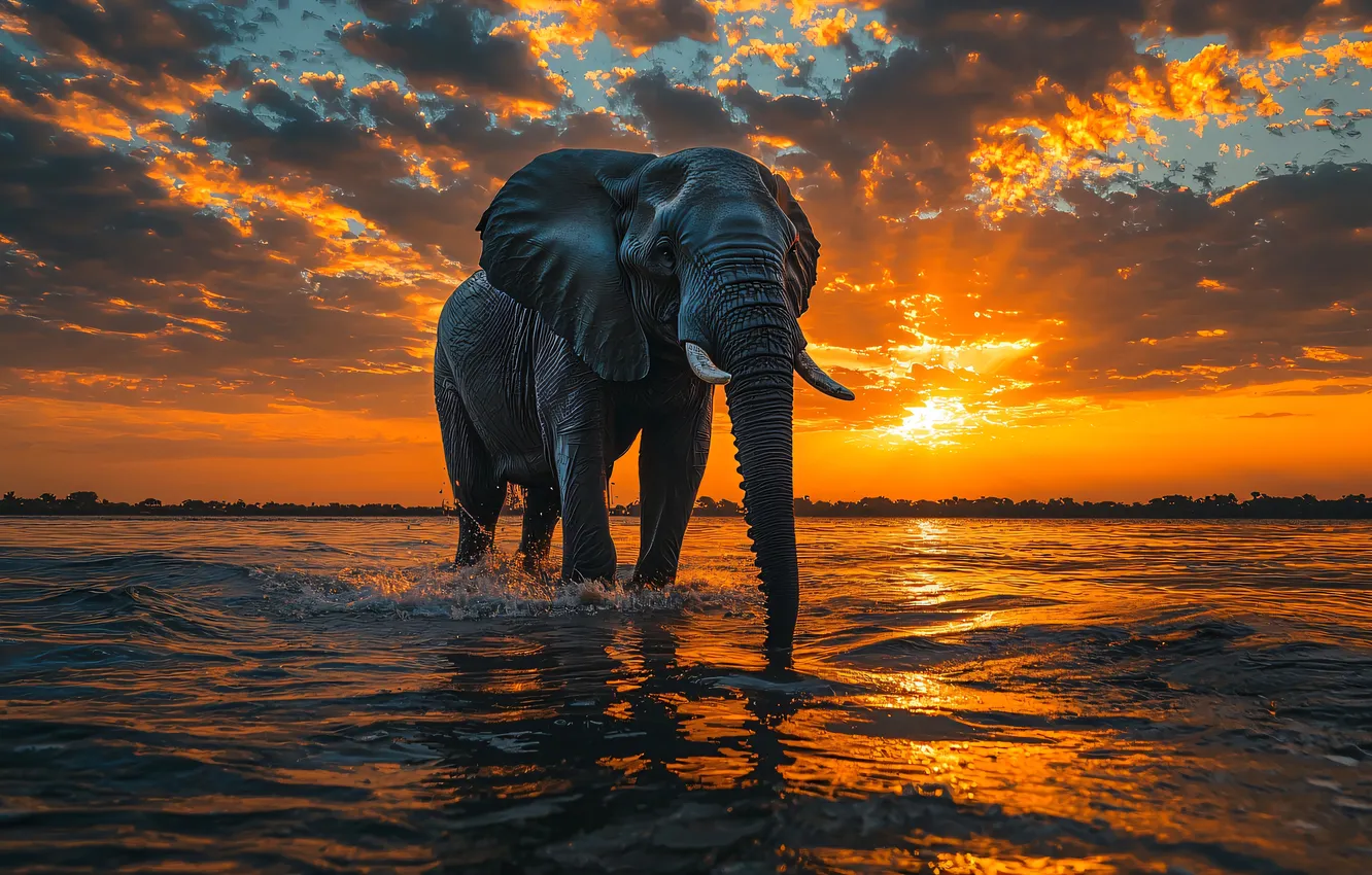 Photo wallpaper sea, the sky, the sun, clouds, sunset, shore, elephant, the evening