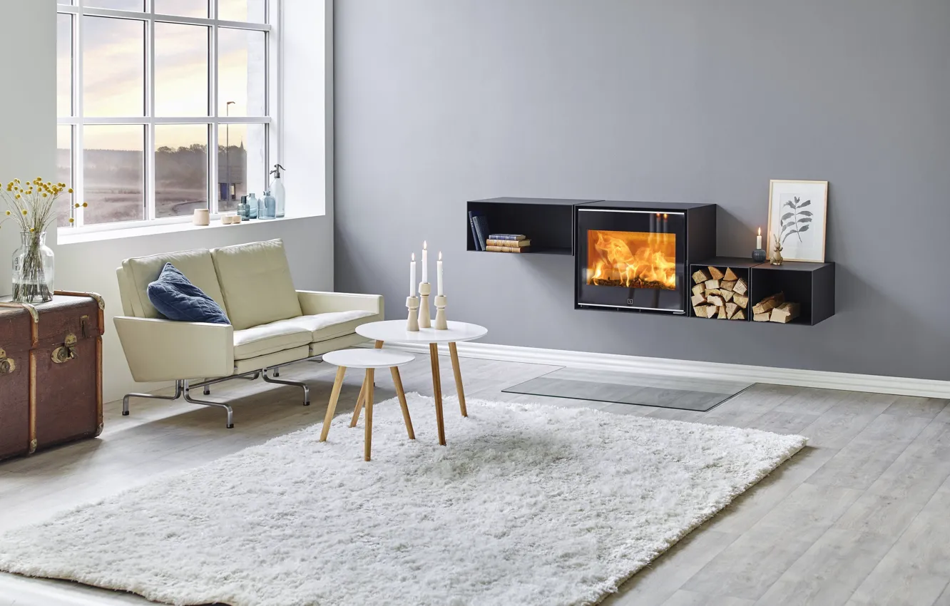 Photo wallpaper style, interior, minimalism, fireplace, living room, apartment for a single, bachelor housing
