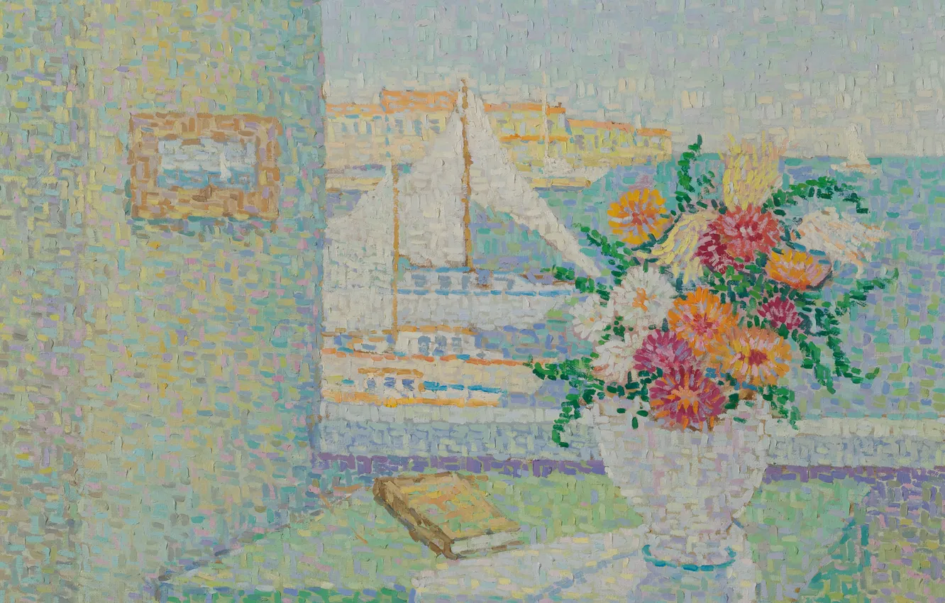 Photo wallpaper flowers, picture, sail, pointillism, Still life with Boats in the Harbor, Jeanne Selmer Home-Desgranges