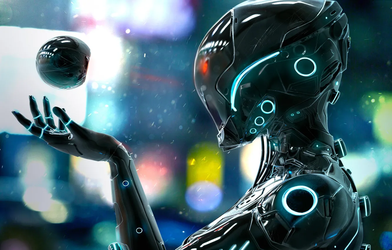 Photo wallpaper robot, neon, helmet, cyborg, robot, Neon, cyborg, pearls