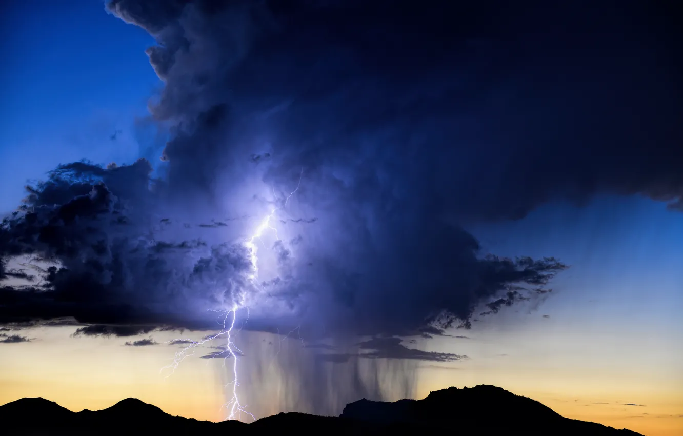Photo wallpaper the storm, the sky, mountains, clouds, lightning, silhouette