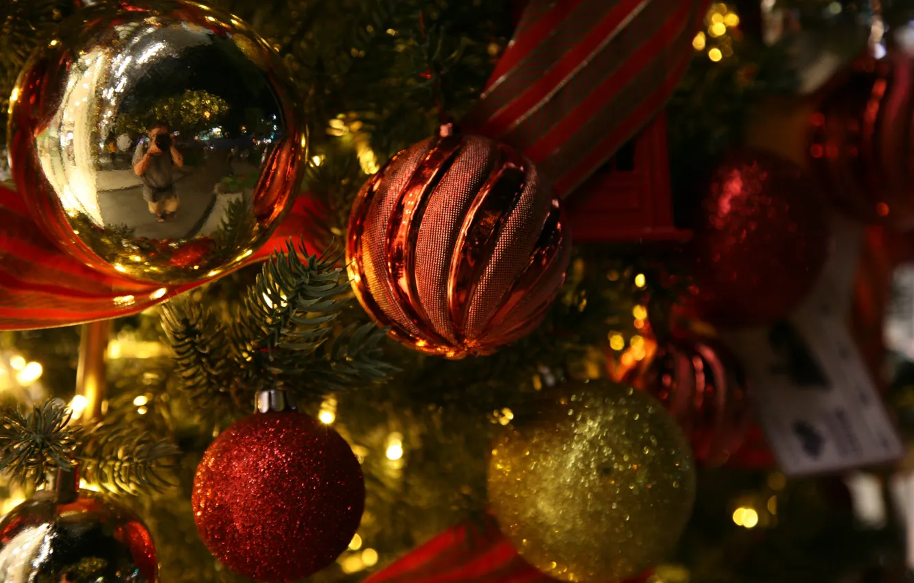 Photo wallpaper winter, balls, holiday, balls, Christmas, New year, tree, needles