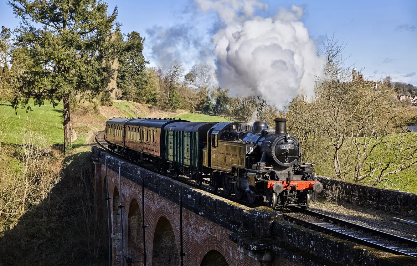 Photo wallpaper bridge, smoke, train, the engine, cars
