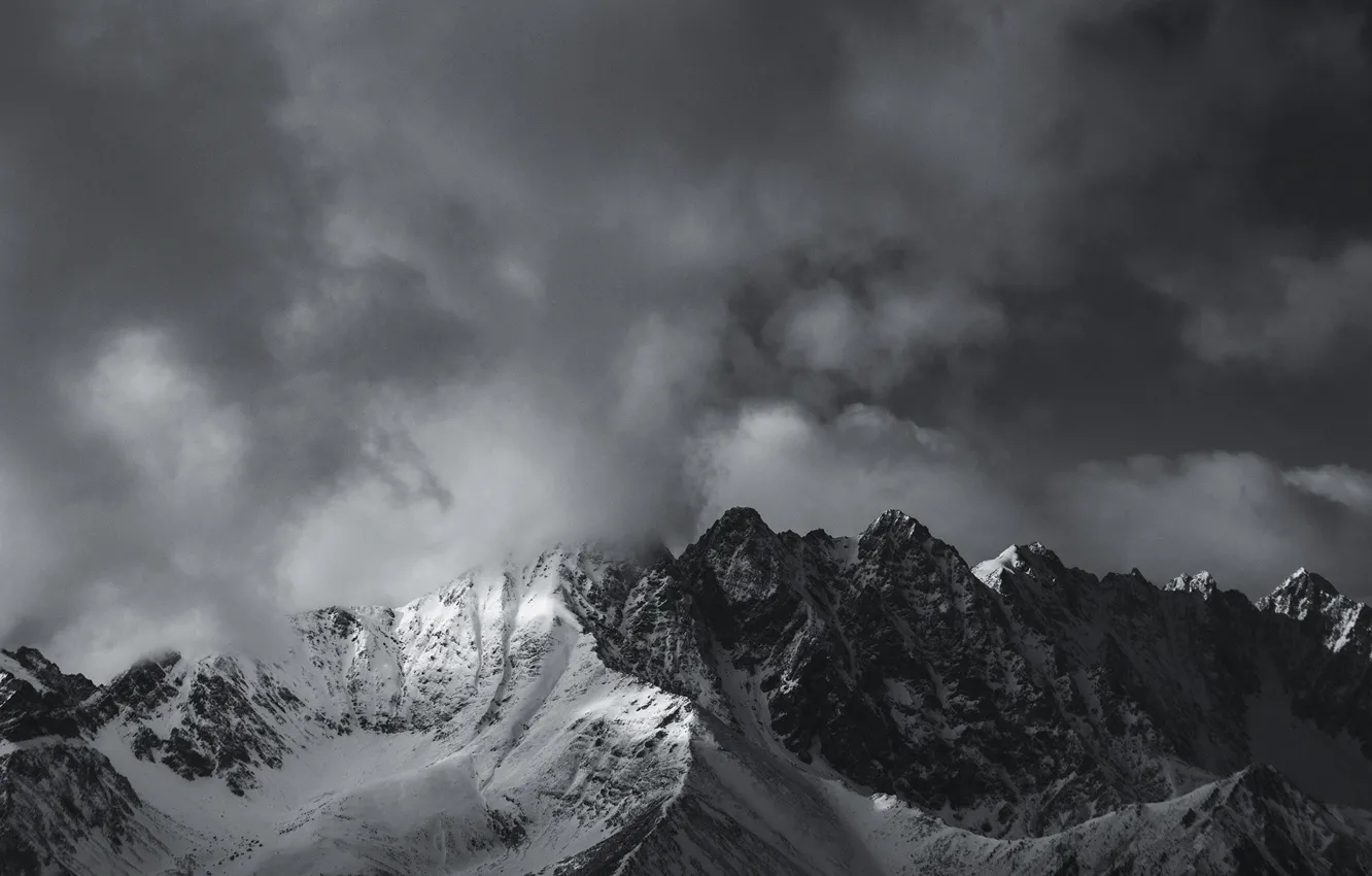 Photo wallpaper winter, the sky, clouds, snow, mountains, nature, rocks, black and white