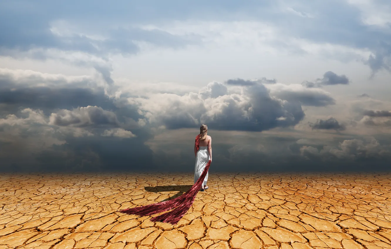 Photo wallpaper dress, desert, woman, clouds