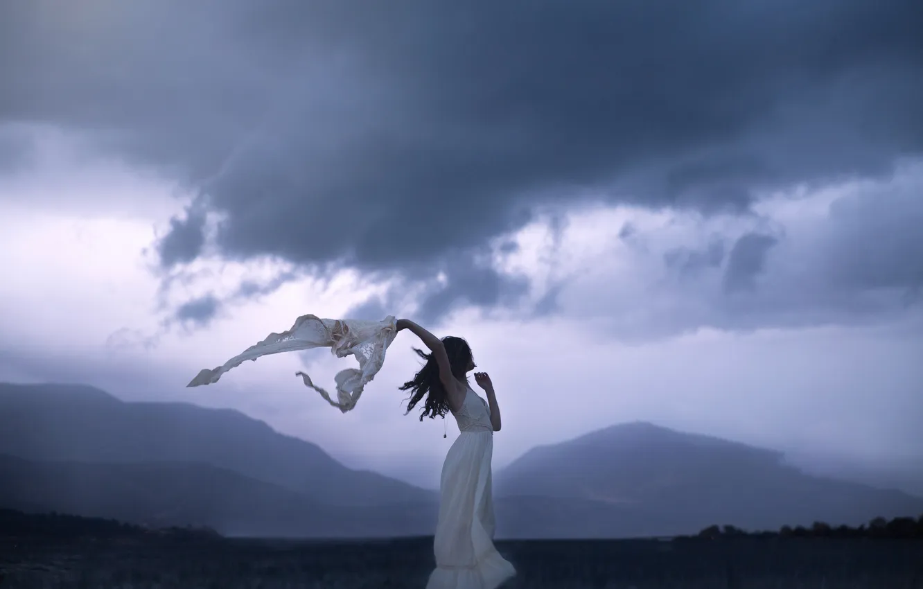 Photo wallpaper the storm, the sky, mountains, clouds, fog, glade, Girl, the evening