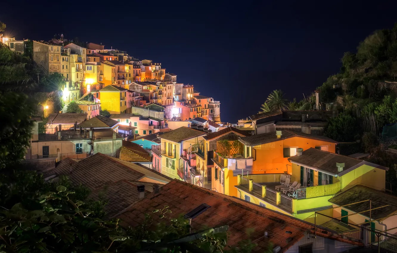 Wallpaper Manarola, roof, home, Italy, night, lights for mobile and ...