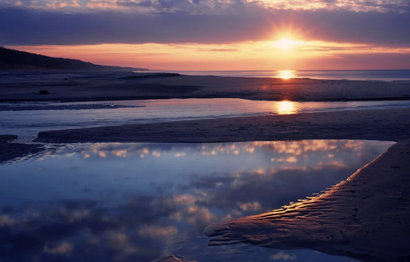Photo wallpaper sand, sea, beach, water, sunset, coast, horizon