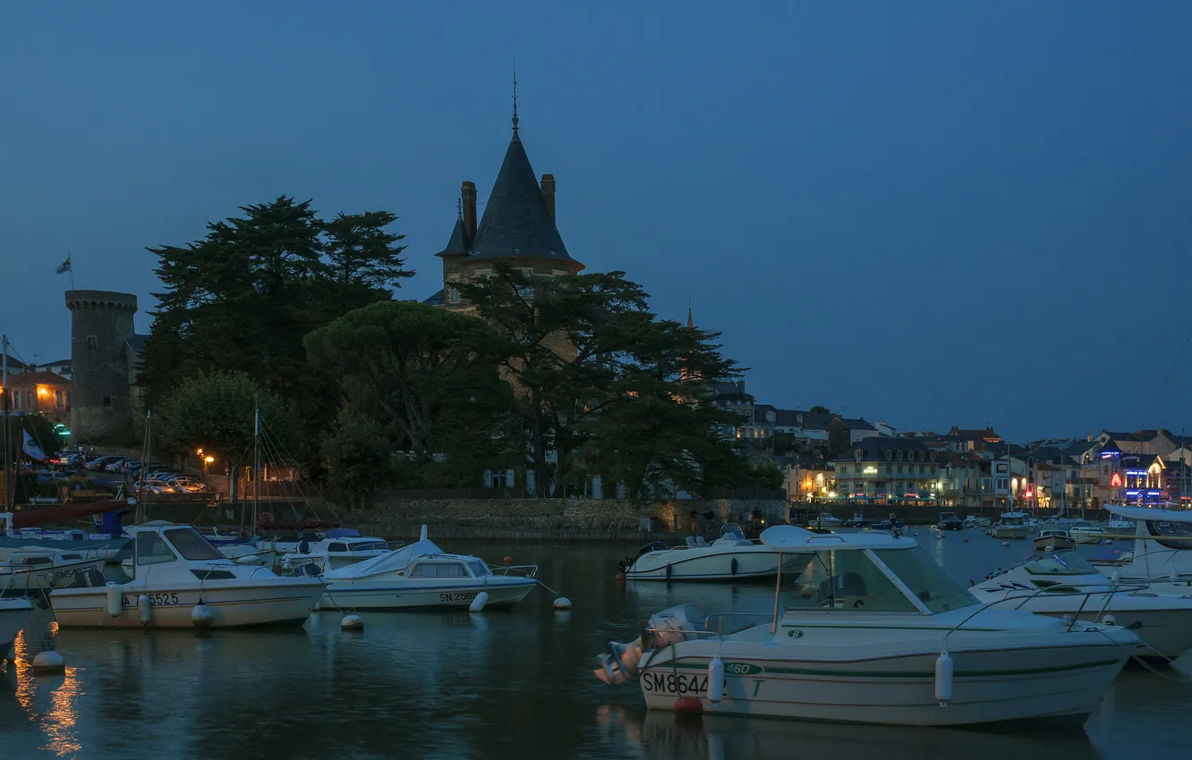 Photo wallpaper the sky, night, river, castle, boat, France, tower, yacht