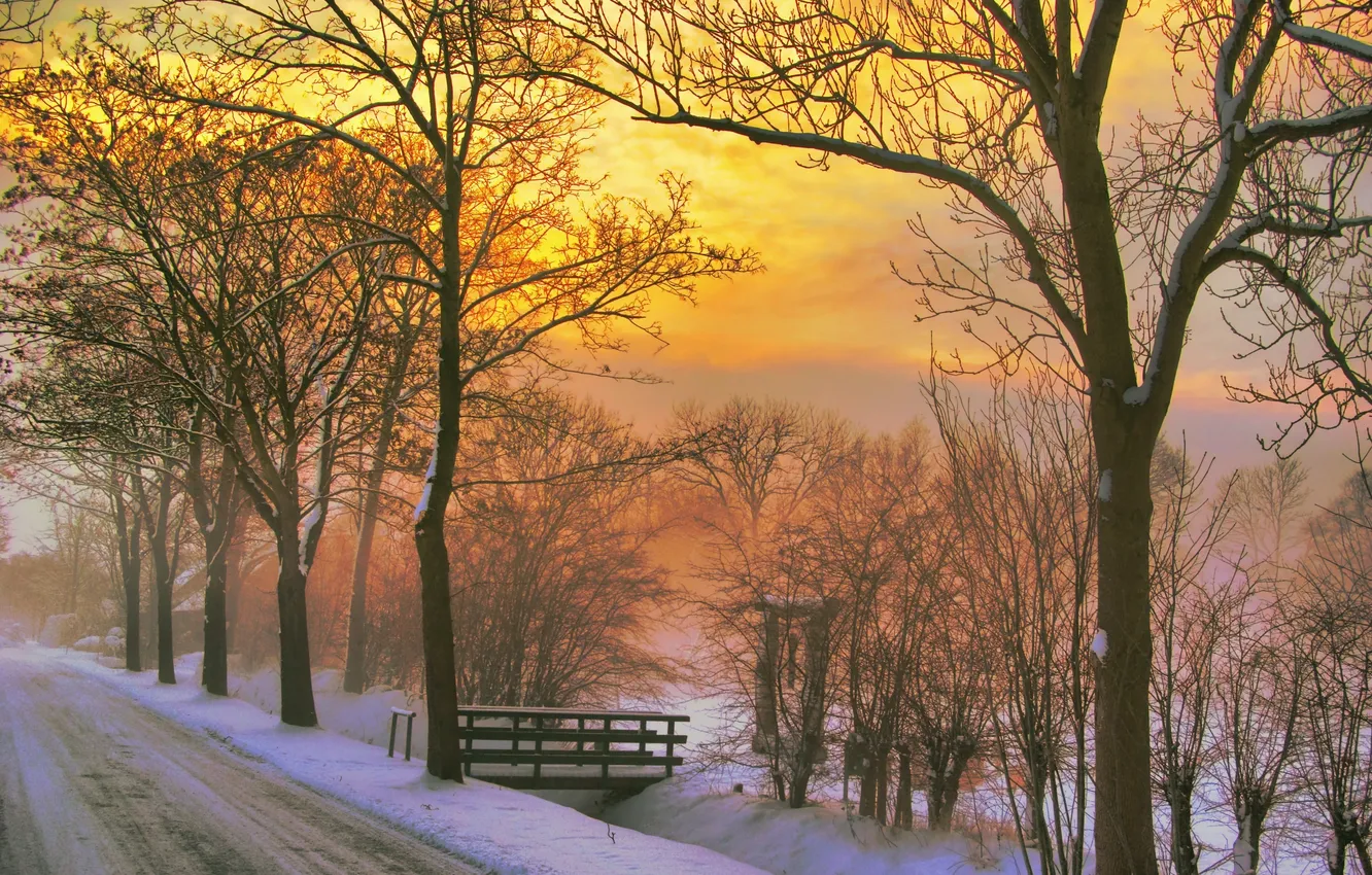 Photo wallpaper winter, road, sunset, nature
