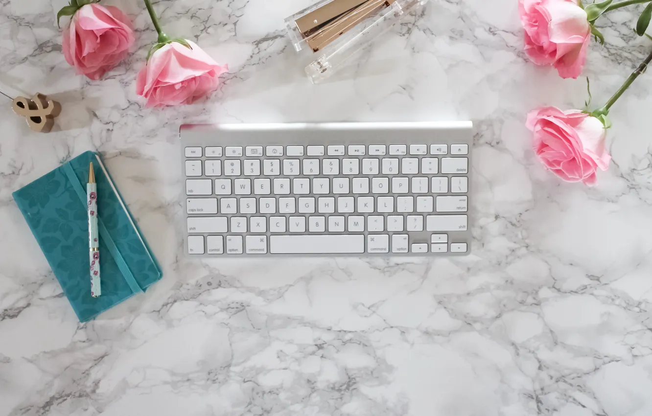 Photo wallpaper roses, handle, Notepad, pink, flowers, roses, keyboard, marble