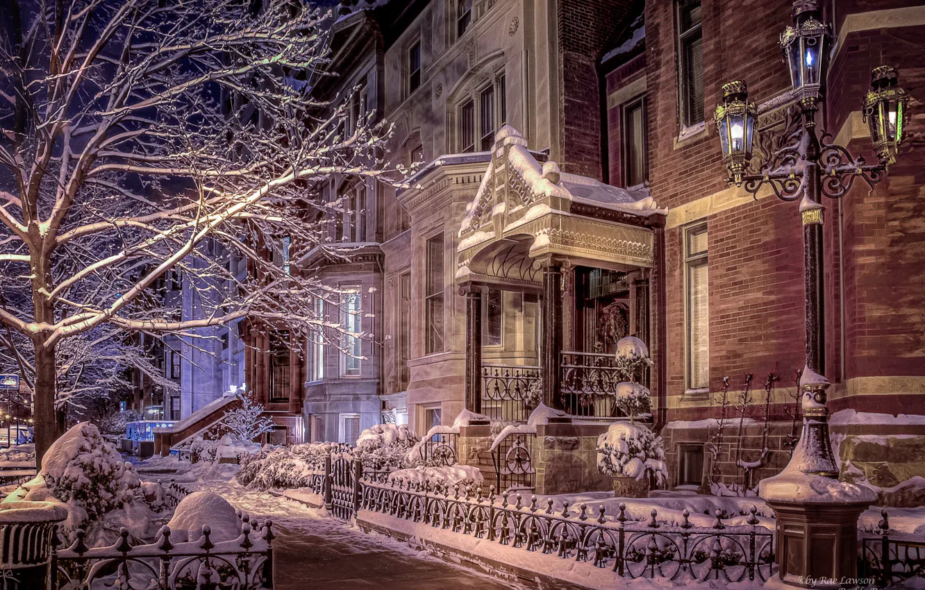 Photo wallpaper winter, snow, trees, house, the building, Chicago, lantern, Il