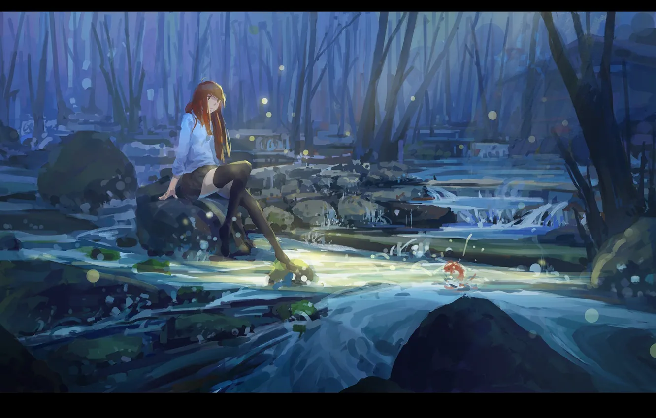 Photo wallpaper trees, fish, stream, stones, girl, red, sitting