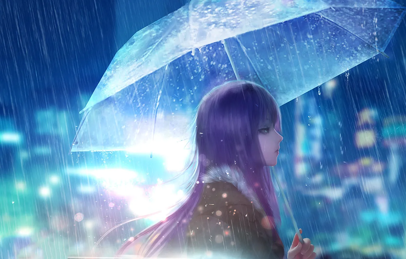 Photo wallpaper girl, the city, rain, street, umbrella