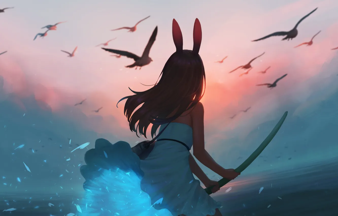 Photo wallpaper sea, the sky, girl, sunset, birds, sword, ears