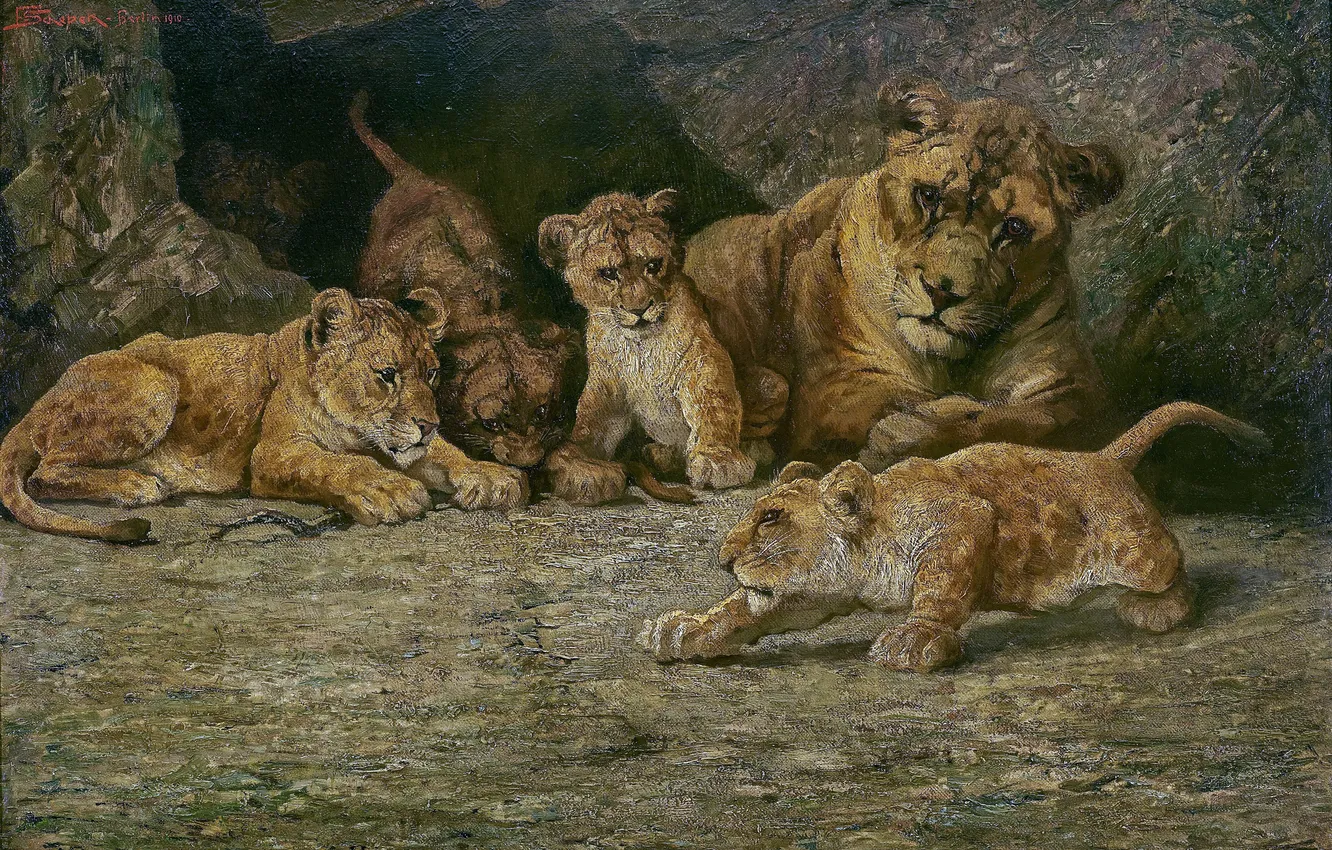 Photo wallpaper Lioness, Kittens, Picture, Lions, Predators, Kids, Cubs, Austrian artist