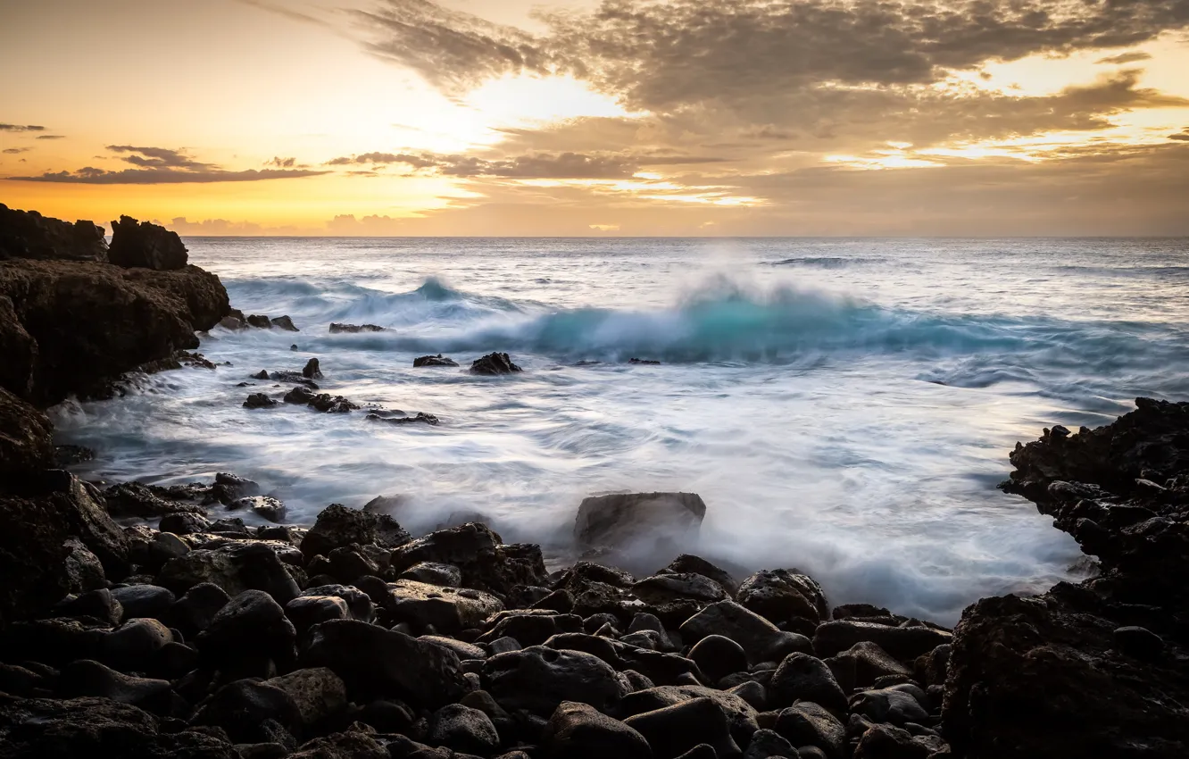 Photo wallpaper sea, sunset, shore, Hawaii